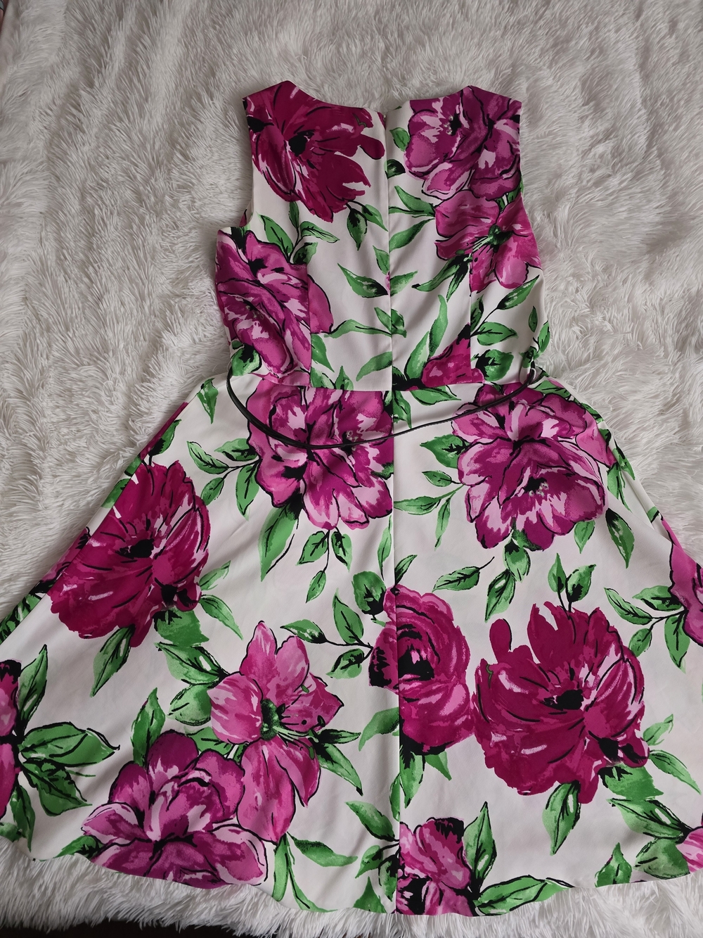 Bright Pink Floral Fit & Flare Dress with Black Belt - Picture 5 of 5